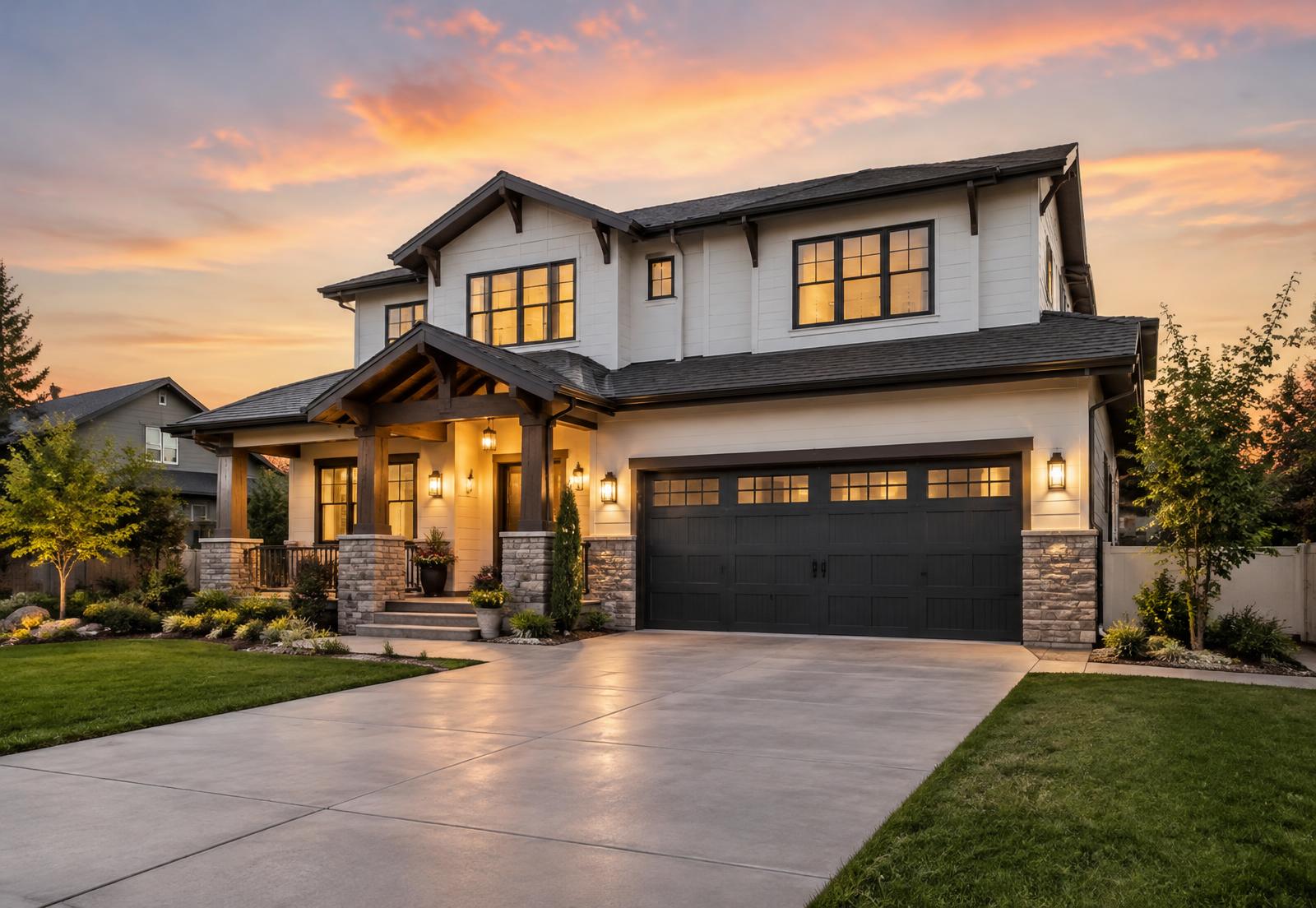 Modern home with a dark carriage-style garage door at dusk
